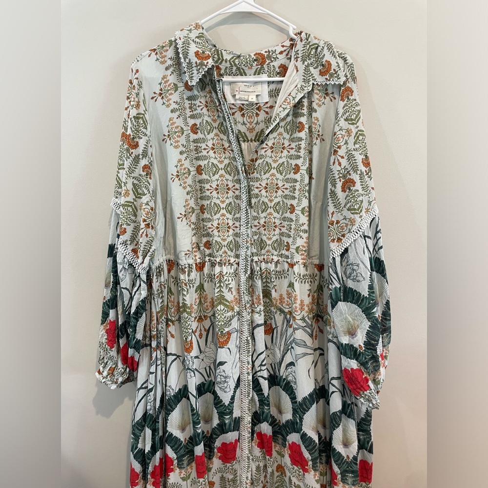 Anthropologie Boho Floral Tiered Maxi Dress in Cream with Red & Green Accents - Picture 8 of 10